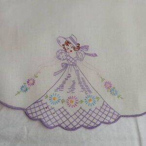Long Embroider Purple & White Table Runner Cotton Linen Table Antique Vintage
